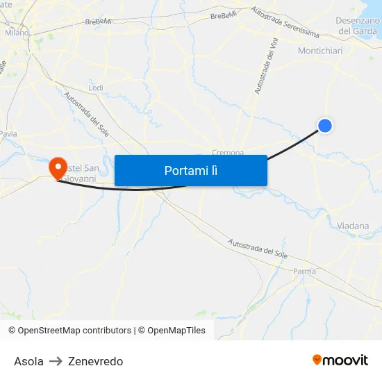 Asola to Zenevredo map