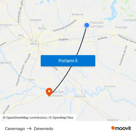 Cavernago to Zenevredo map