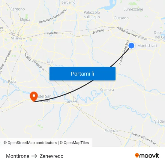 Montirone to Zenevredo map