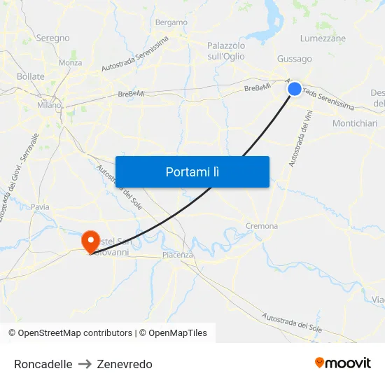 Roncadelle to Zenevredo map