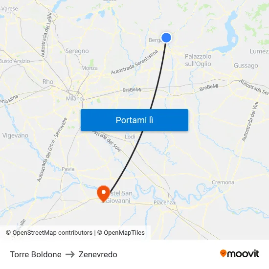 Torre Boldone to Zenevredo map