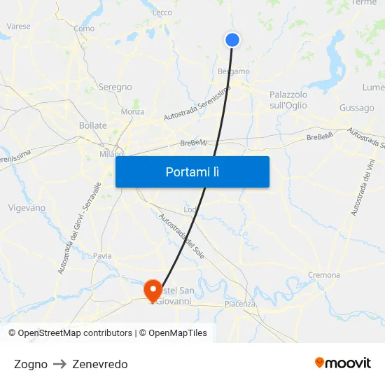 Zogno to Zenevredo map
