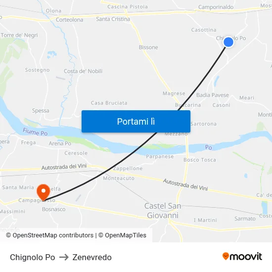Chignolo Po to Zenevredo map
