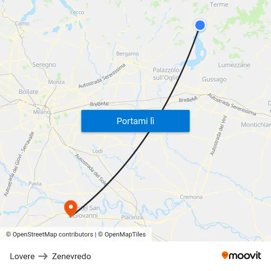 Lovere to Zenevredo map