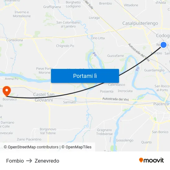 Fombio to Zenevredo map