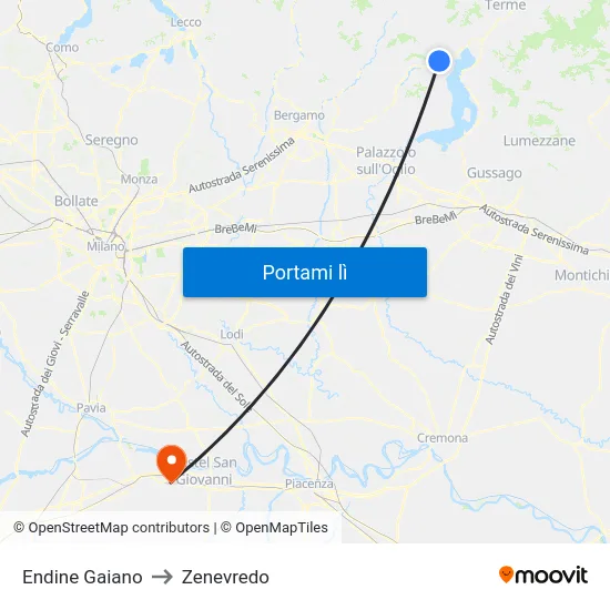 Endine Gaiano to Zenevredo map