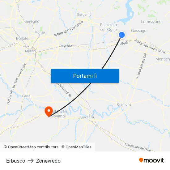 Erbusco to Zenevredo map