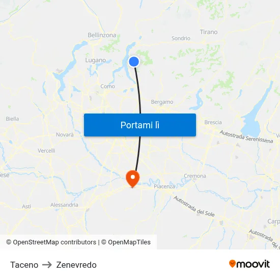 Taceno to Zenevredo map