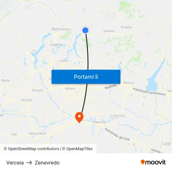 Verceia to Zenevredo map