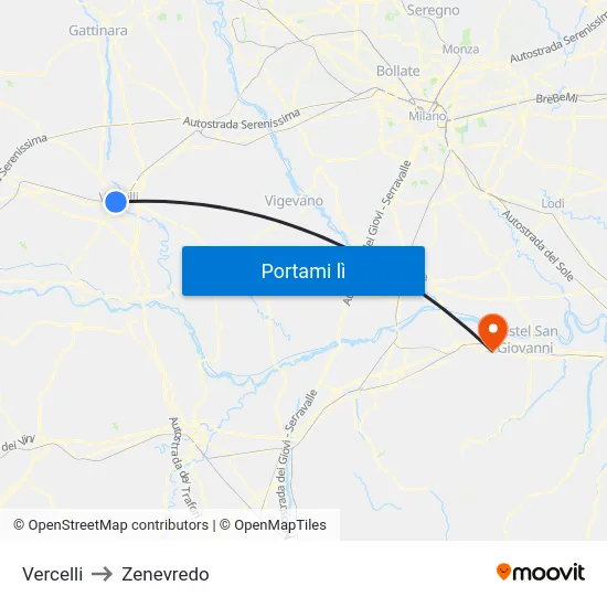 Vercelli to Zenevredo map