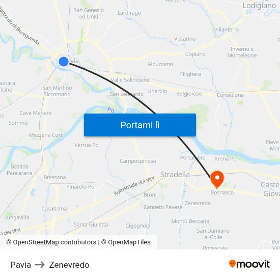 Pavia to Zenevredo map