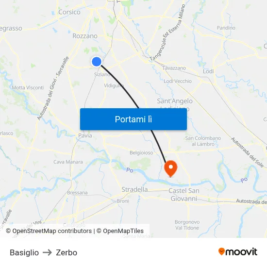 Basiglio to Zerbo map