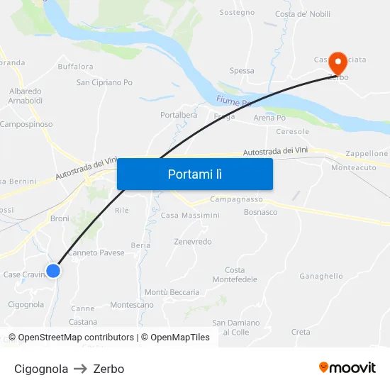 Cigognola to Zerbo map