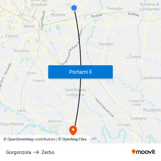 Gorgonzola to Zerbo map