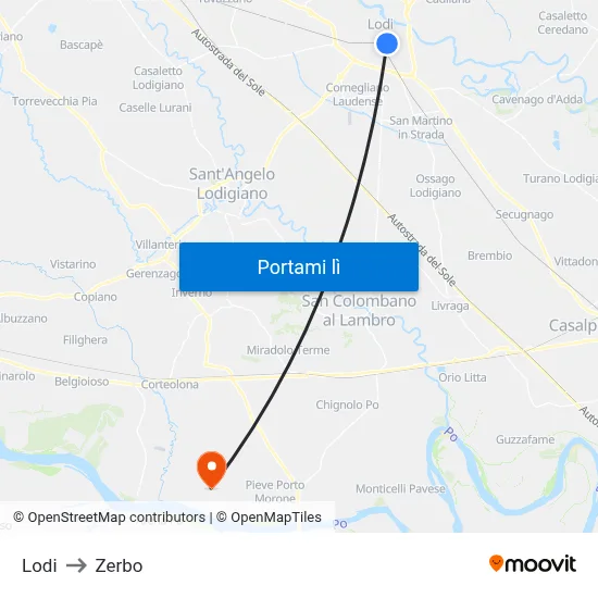 Lodi to Zerbo map
