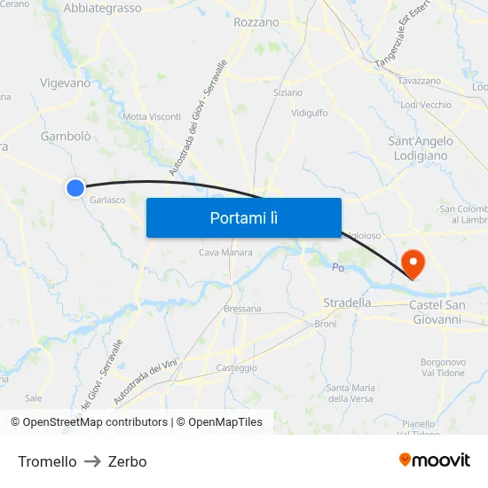 Tromello to Zerbo map