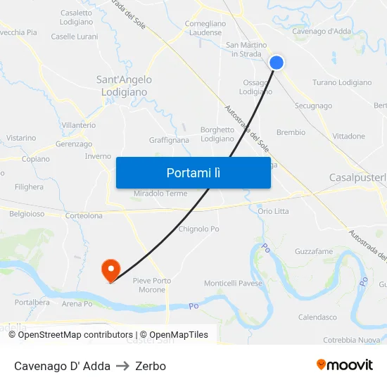 Cavenago D' Adda to Zerbo map