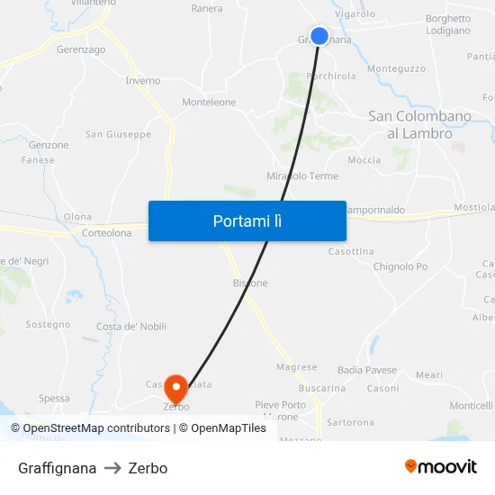 Graffignana to Zerbo map