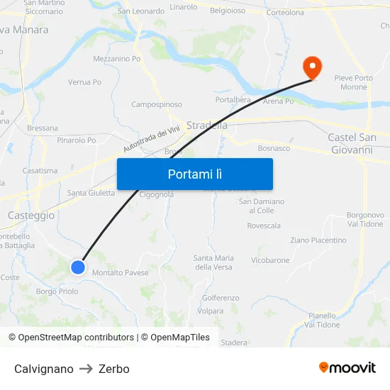 Calvignano to Zerbo map