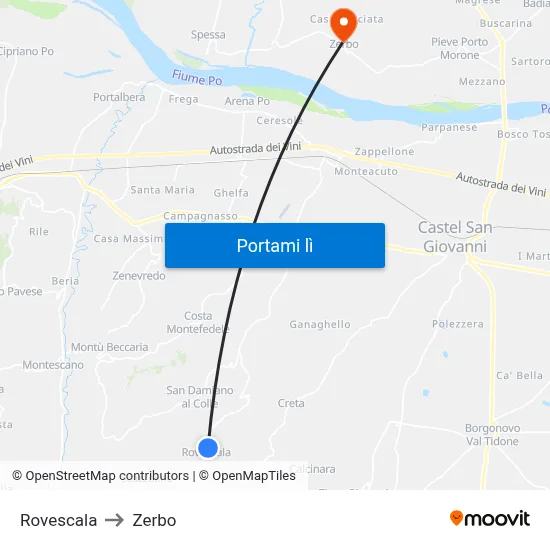 Rovescala to Zerbo map