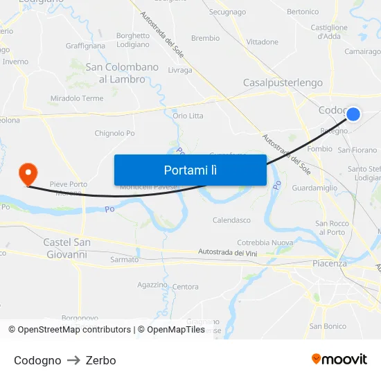 Codogno to Zerbo map