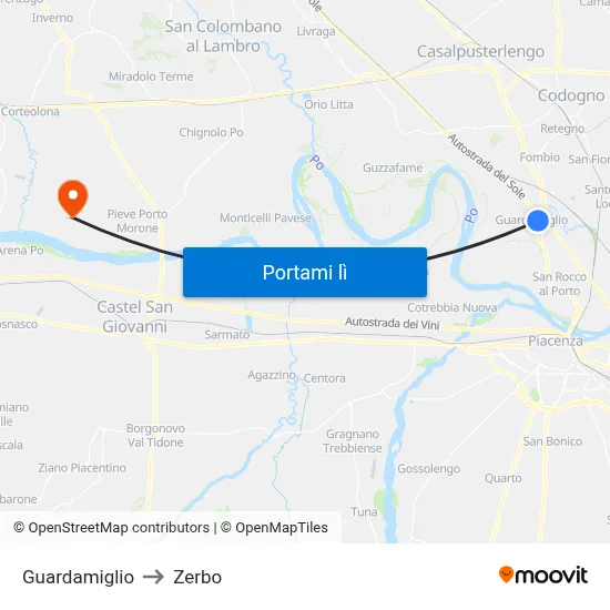Guardamiglio to Zerbo map