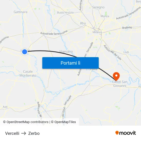 Vercelli to Zerbo map