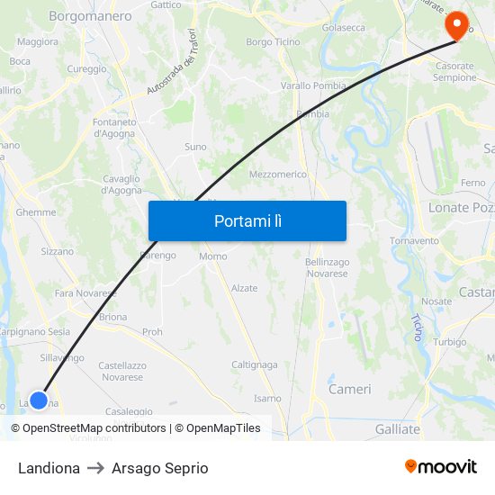 Landiona to Arsago Seprio map