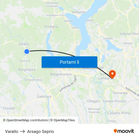 Varallo to Arsago Seprio map