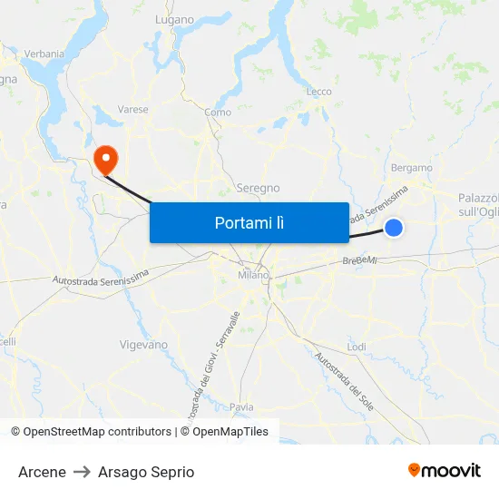 Arcene to Arsago Seprio map