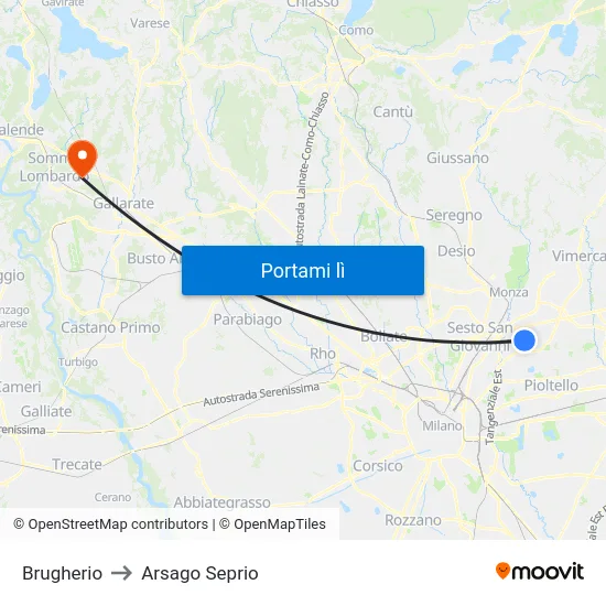 Brugherio to Arsago Seprio map