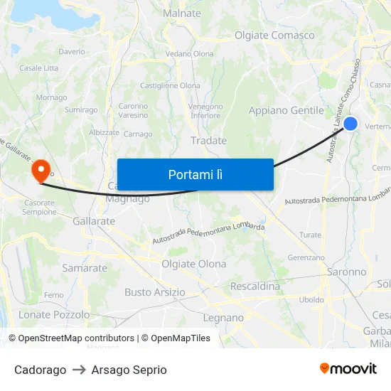 Cadorago to Arsago Seprio map