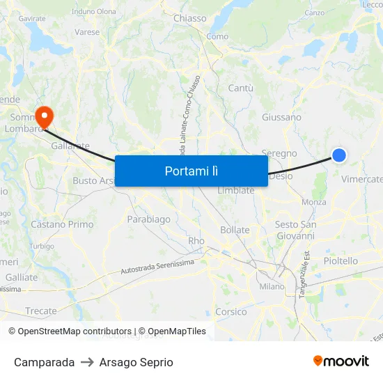 Camparada to Arsago Seprio map