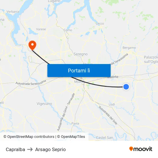 Capralba to Arsago Seprio map
