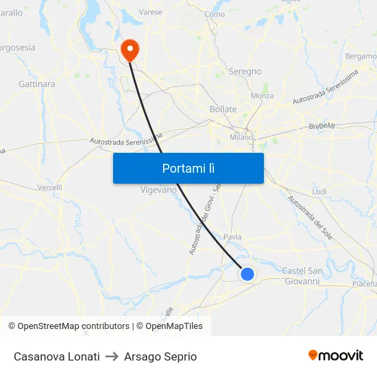 Casanova Lonati to Arsago Seprio map
