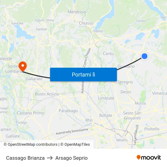 Cassago Brianza to Arsago Seprio map