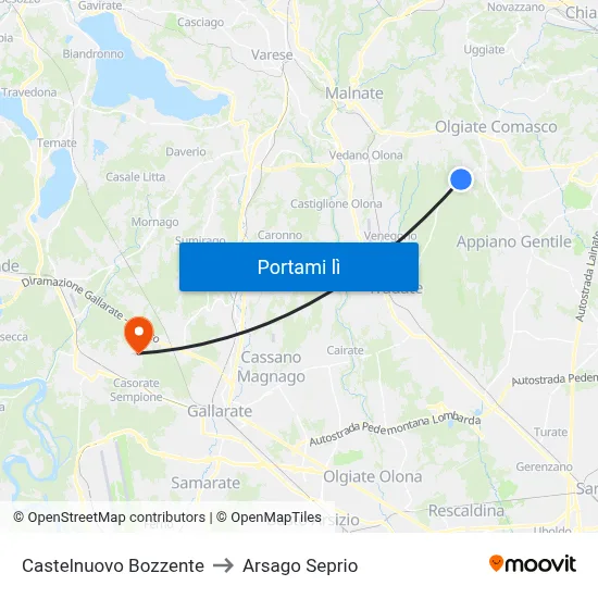 Castelnuovo Bozzente to Arsago Seprio map