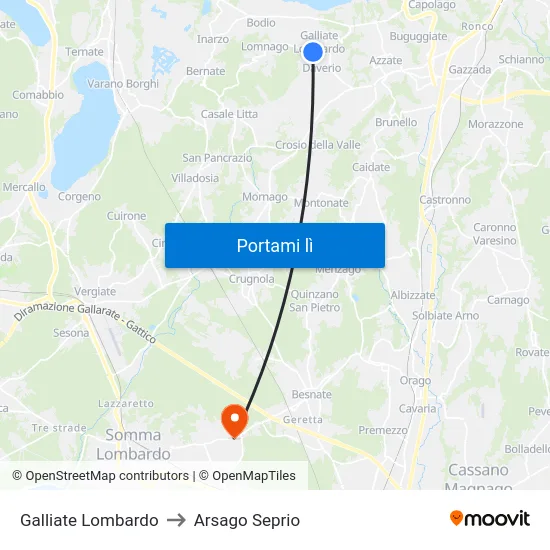 Galliate Lombardo to Arsago Seprio map