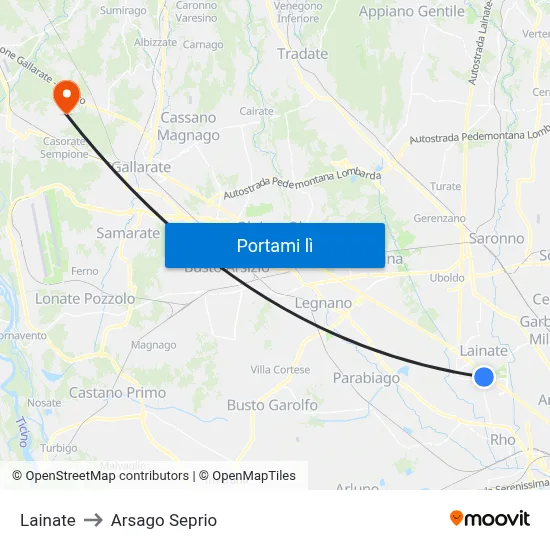 Lainate to Arsago Seprio map