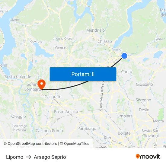 Lipomo to Arsago Seprio map