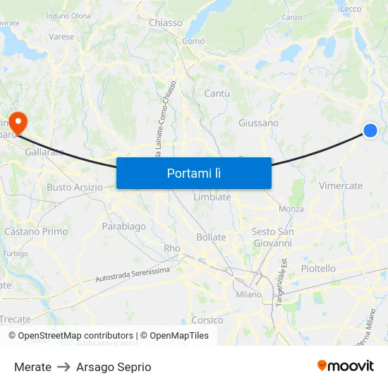 Merate to Arsago Seprio map