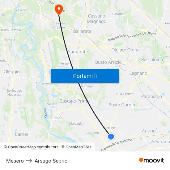 Mesero to Arsago Seprio map