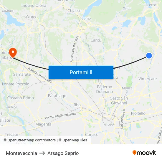 Montevecchia to Arsago Seprio map