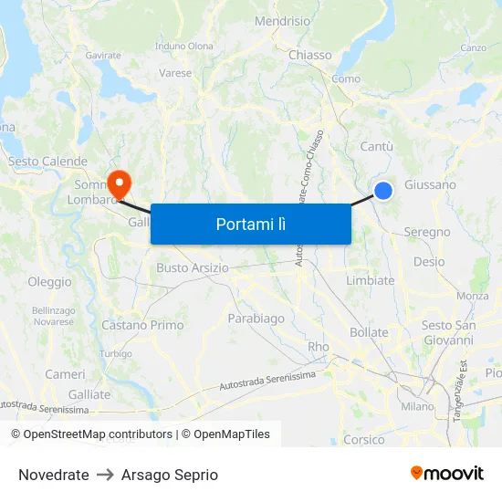 Novedrate to Arsago Seprio map