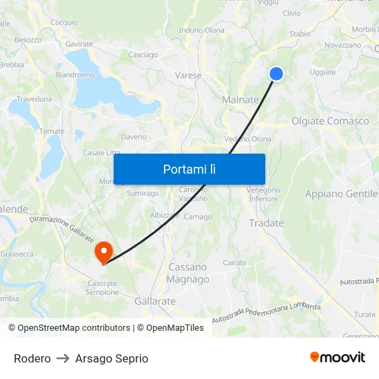 Rodero to Arsago Seprio map