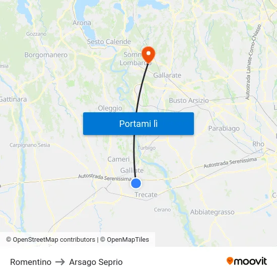 Romentino to Arsago Seprio map