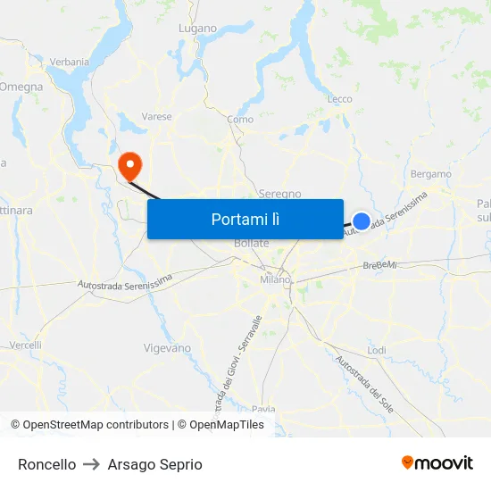 Roncello to Arsago Seprio map