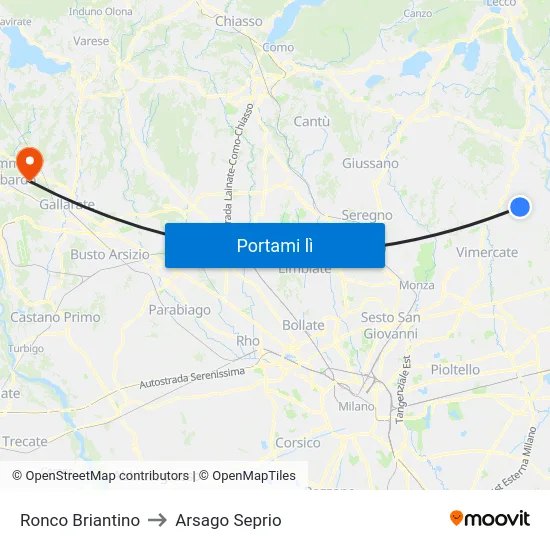 Ronco Briantino to Arsago Seprio map