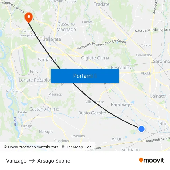 Vanzago to Arsago Seprio map