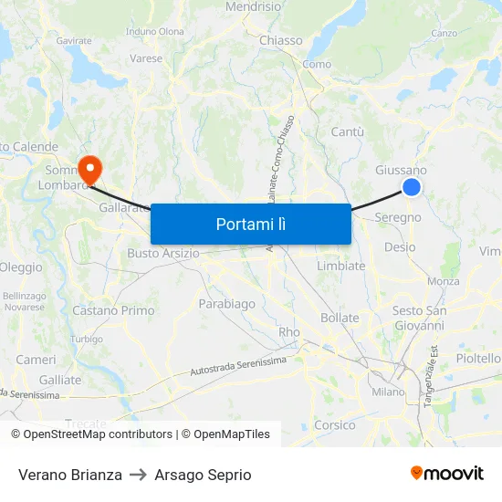 Verano Brianza to Arsago Seprio map